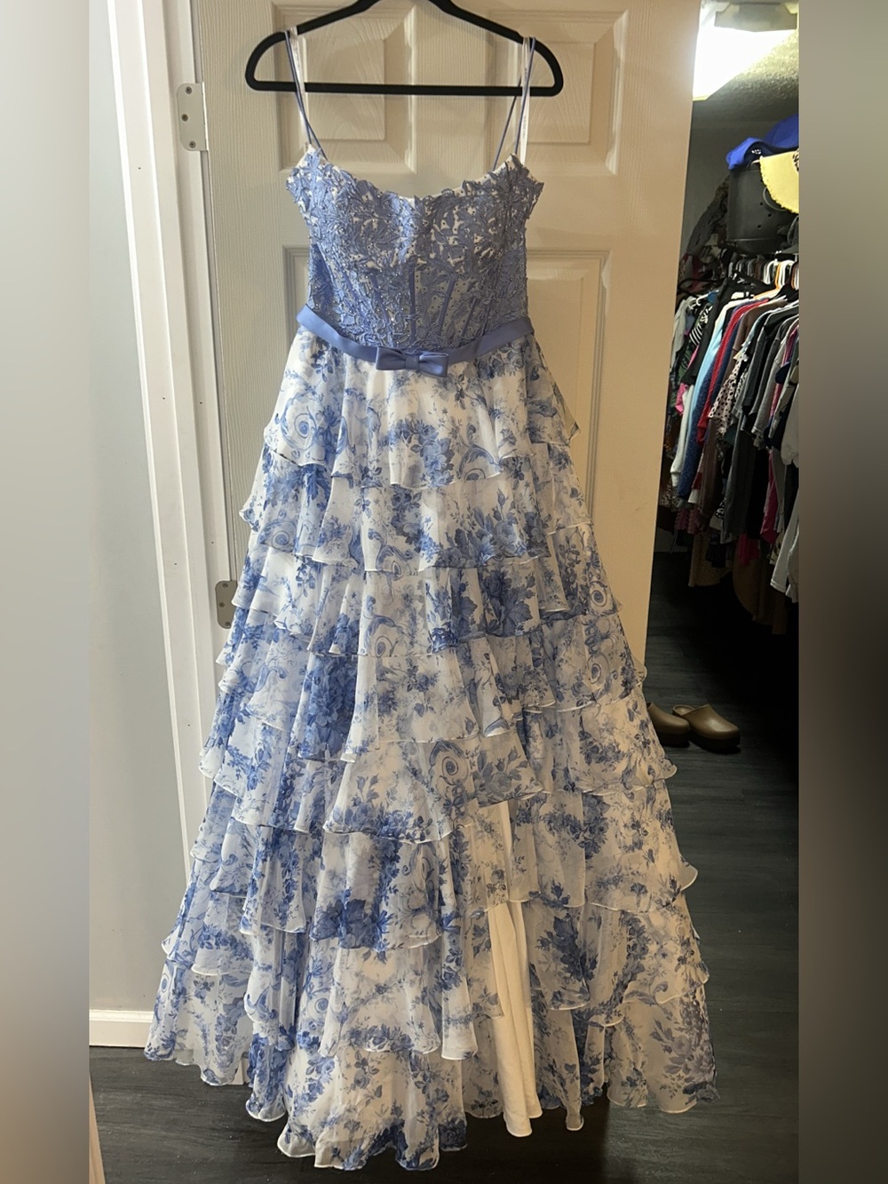Blue Floral Tiered Ruffle Prom/Pageant/Bridesmaid Dress with Bow